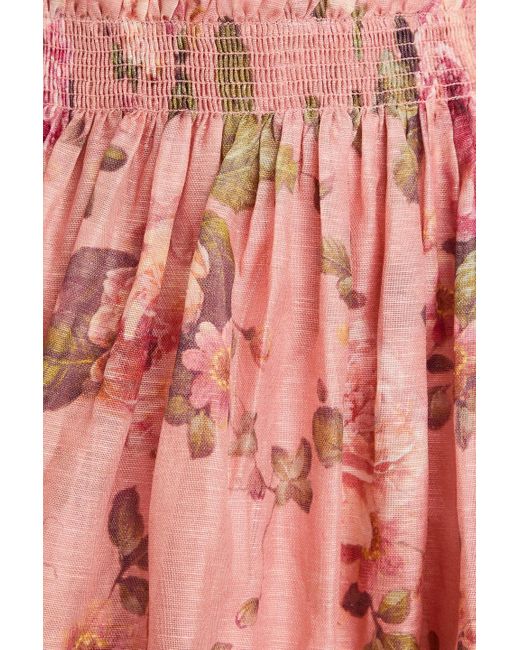 Zimmermann Gathered Floral-print Linen And Silk-blend Gauze Mini Skirt