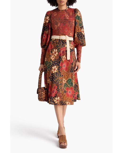 Farm Rio Red Midikleid aus crêpe mit floralem print und raffung