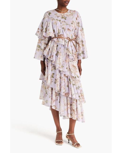 Zimmermann White Asymmetric Belted Floral-Print Cotton Midi Dress