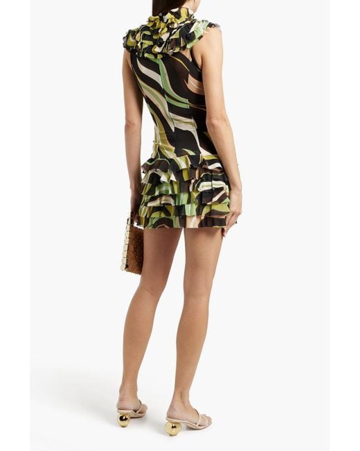 PUCCI Ruffled Printed Stretch-tulle Mini Dress in Green | Lyst
