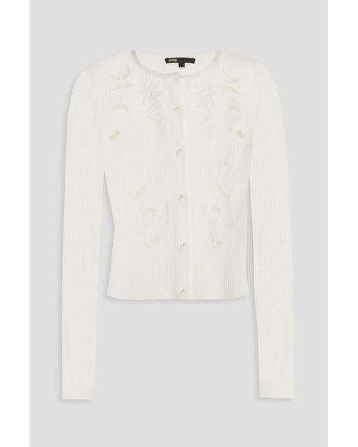 Maje White Embroidered Ribbed-knit Cardigan