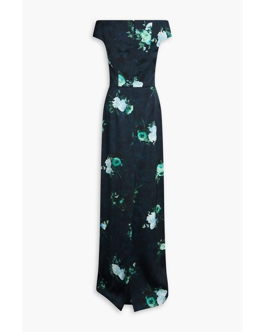 Erdem Blue Off-The-Shoulder Floral-Print Satin-Twill Gown