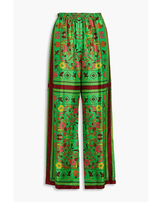 Tory Burch Green Printed Silk-twill Wide-leg Pants