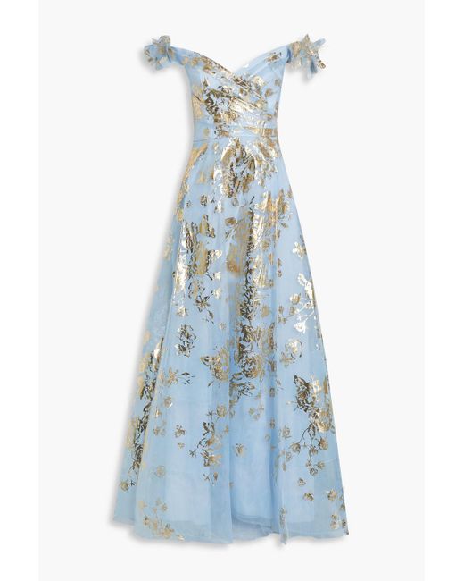 Marchesa Blue Floral-appliquéd Metallic Floral-print Taffeta Gown