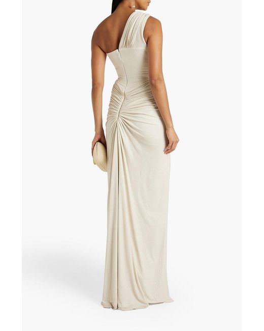 Rhea Costa White One-shoulder Ruched Glittered Jersey Gown