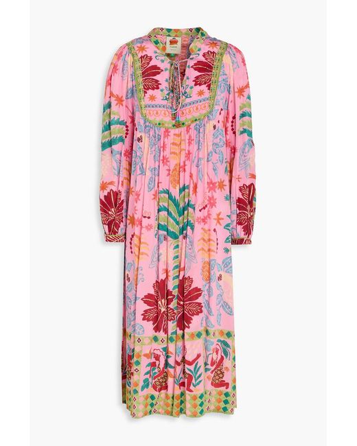 Farm Rio Gathered Printed Satin-crepe Midi Dress