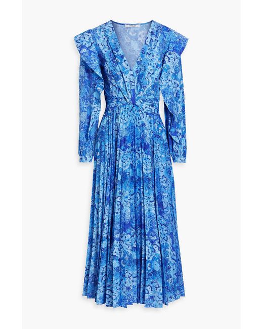 10 Crosby Derek Lam Blue Pleated Ruffled Floral-print Crepe Midi Dress