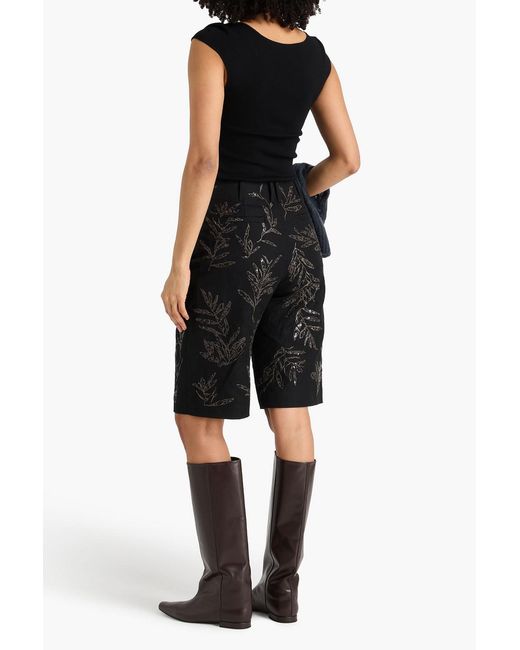 Brunello Cucinelli Black Embroidered Cotton And Linen-blend Shorts