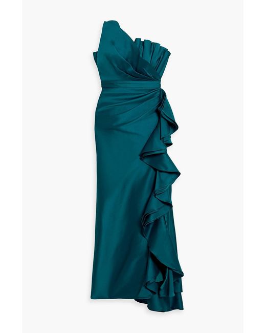Badgley Mischka Green Strapless Ruffled Satin-twill Gown