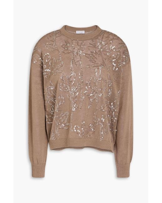 Brunello Cucinelli Brown Sequin-Embellished Linen-Blend Sweater