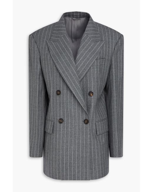 Brunello Cucinelli Gray Double-Breasted Pinstriped Wool Blazer