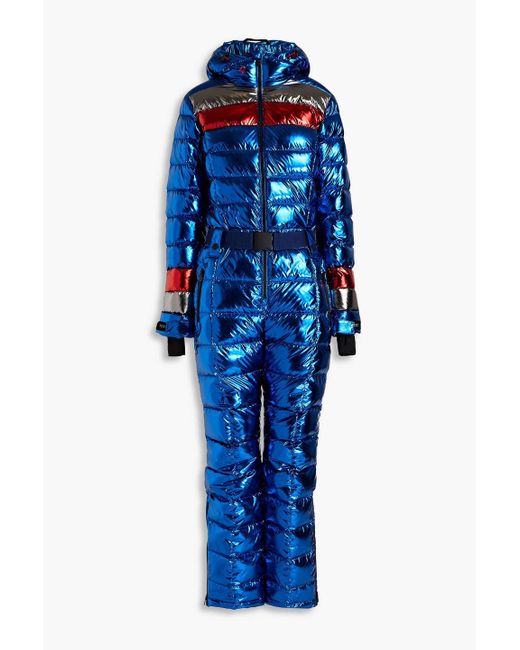 Perfect Moment Blue Cortina Quilted Metallic Hooded Down Ski Suit