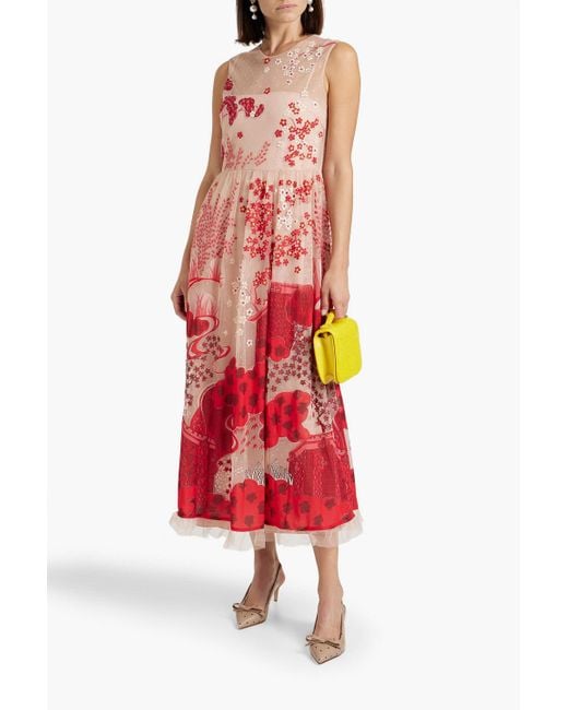 RED Valentino Embroidered Printed Chiffon And Point D'esprit Midi Dress