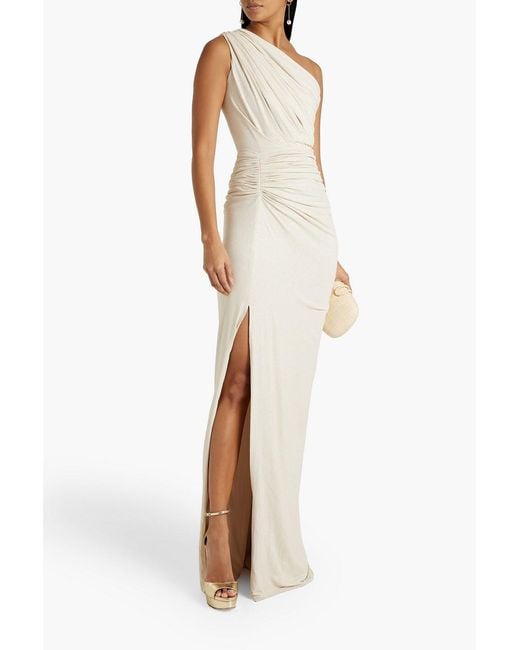 Rhea Costa White One-shoulder Ruched Glittered Jersey Gown