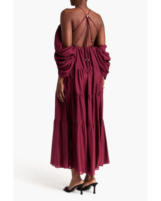 Zimmermann Cold-Shoulder Tiered Silk Crepe De Chine Maxi Dress