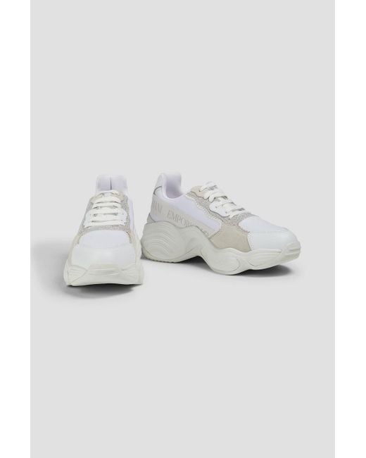 Emporio Armani White Sneakers aus veloursleder und neopren mit glitter-finish