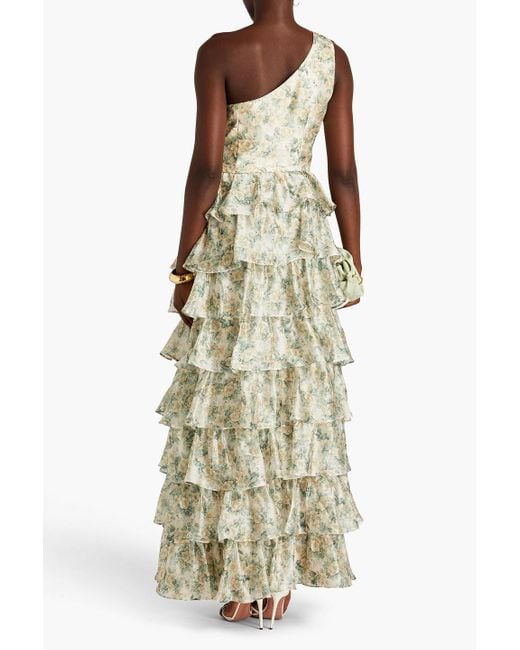 Mikael Aghal White One-shoulder Tiered Floral-print Crepe De Chine Gown