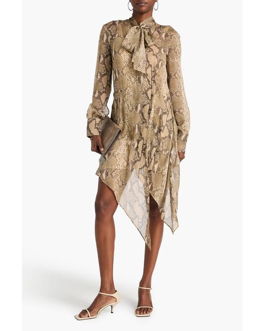 Stella McCartney Natural Pussy-Bow Snake-Print Silk-Chiffon Midi Dress