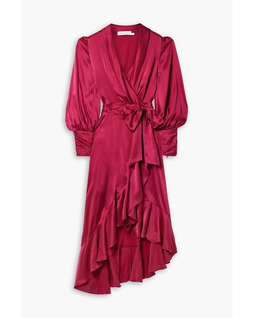 Zimmermann Red Asymmetric Ruffled Silk-satin Midi Wrap Dress
