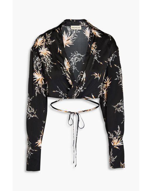 Nicholas Black Cropped Printed Silk-satin Top