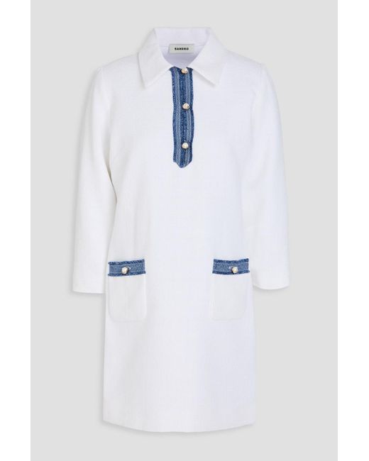 Sandro Blue Denim-trimmed Tweed Mini Shirt Dress