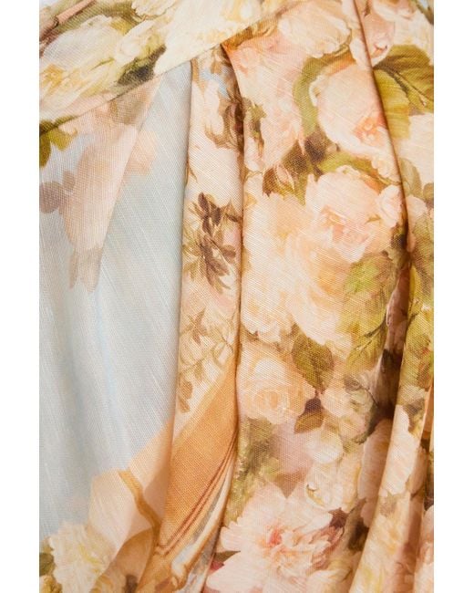 Zimmermann Natural Draped Floral-print Linen And Silk-blend Gauze Mini Skirt