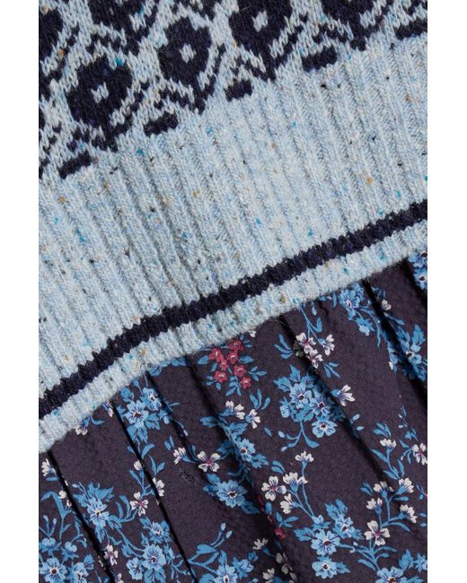 Sea Blue Tilly gestuftes midikleid aus baumwolle und strick mit floralem print und intarsienmuster