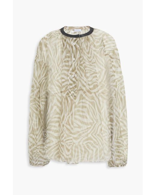 Brunello Cucinelli Natural Bead-Embellished Printed Silk-Organza Blouse