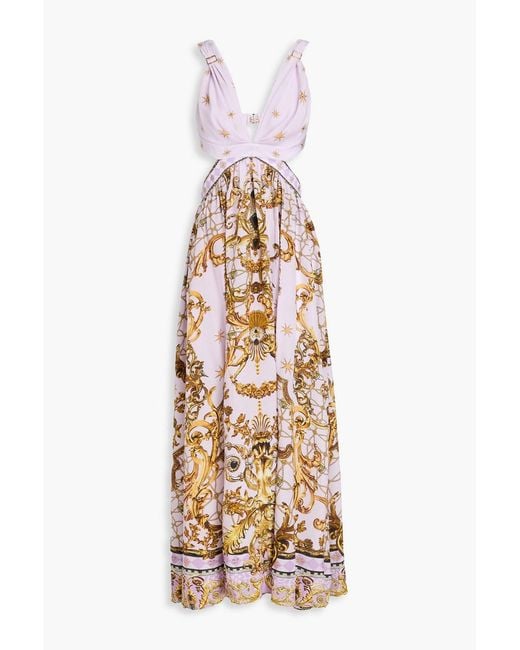 Camilla Metallic Cutout Crystal-embellished Printed Silk Crepe De Chine Maxi Dress
