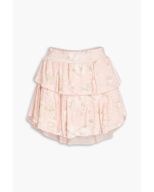 LoveShackFancy Pink Tiered Floral-print Slub Cotton-jersey Mini Skirt