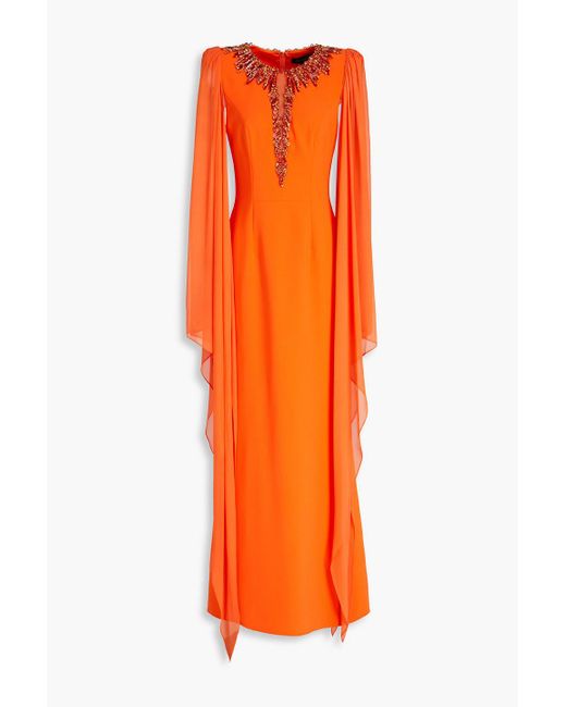 Jenny Packham Orange Cape-effect Crystal-embellished Silk-georgette And Crepe Gown