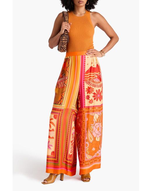 Farm Rio Orange Printed Crepe De Chine Wide-Leg Pants