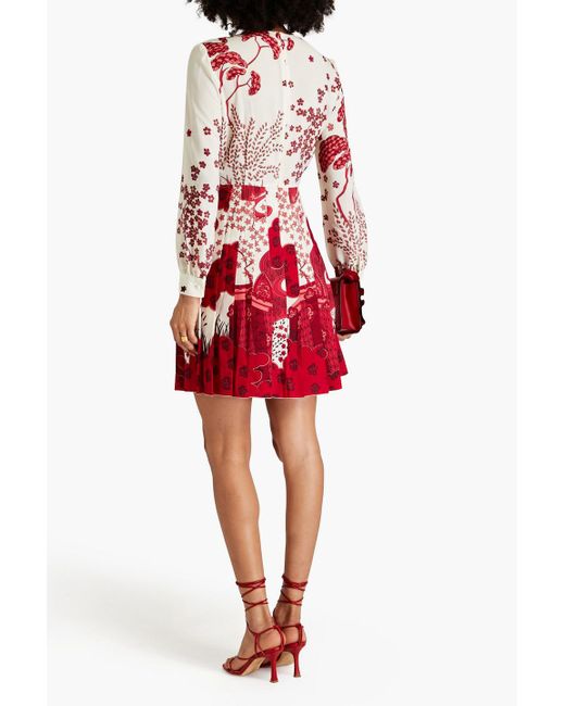 RED Valentino Red Pleated Printed Crepe De Chine Dress