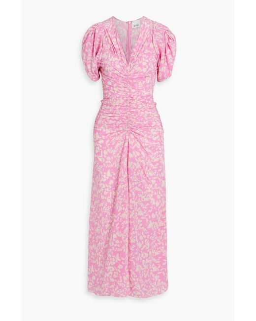 Isabel Marant Pink Lilia Ruched Printed Stretch-Silk Midi Dress