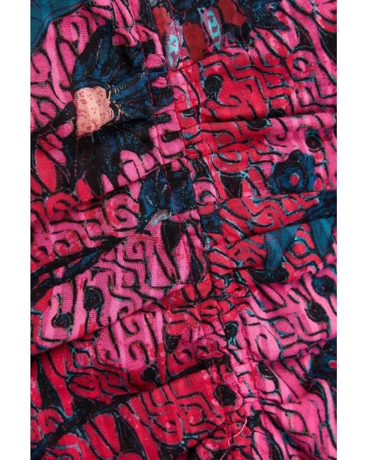 Ulla Johnson Red Helia Ruched Printed Cotton-blend Midi Dress
