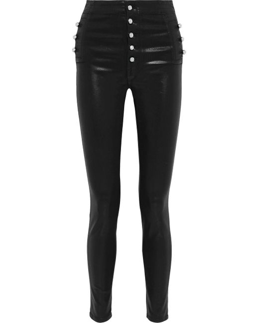 J Brand Denim Natasha Button-detailed Coated High-rise Skinny Jeans in  Black - Lyst