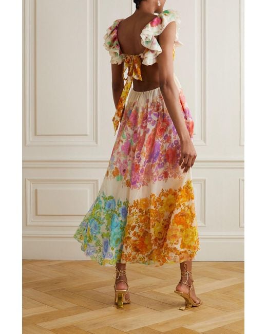 Zimmermann Multicolor Raie Cutout Ruffled Printed Cotton And Silk-blend Chiffon Midi Dress