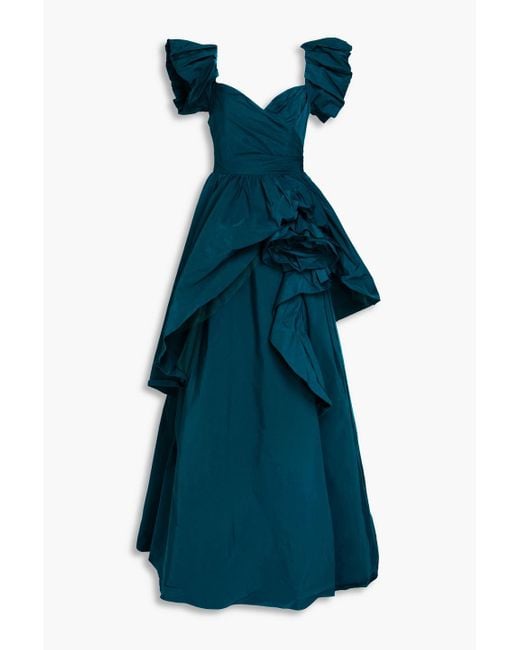 Marchesa Green Ruffled Faille Gown