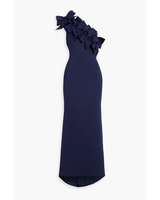 Badgley Mischka Blue One-Shoulder Bow-Detailed Ponte Gown