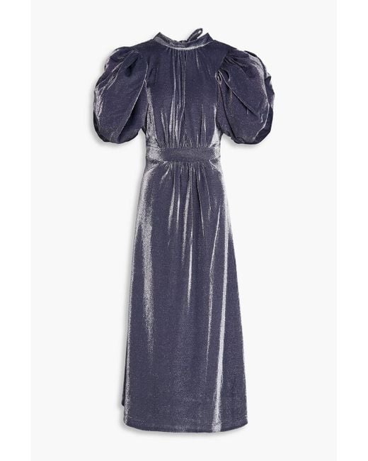 ROTATE BIRGER CHRISTENSEN Blue Cutout Gathered Metallic Jersey Midi Dress