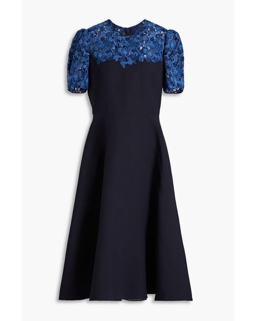 Valentino Garavani Blue Guipure Lace Paneled Wool And Silk-blend Midi Dress