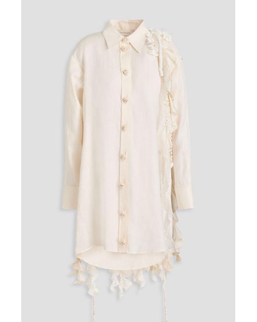 Zimmermann Natural Embellished Linen Mini Shirt Dress