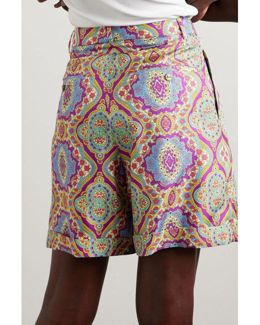 Etro White Pleated Printed Silk-Twill Shorts