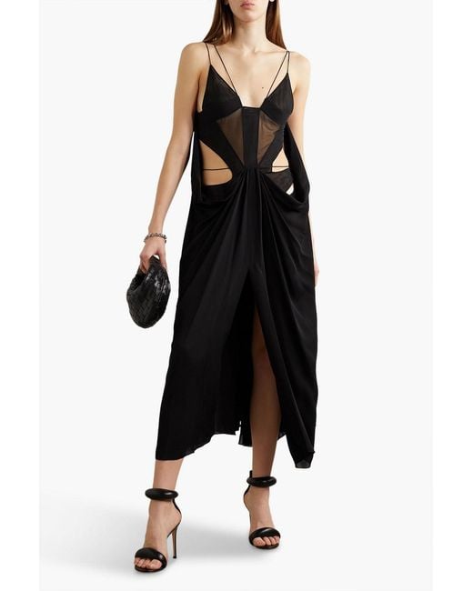 Mugler Black Cutout Tulle-trimmed Crepe De Chine Midi Dress