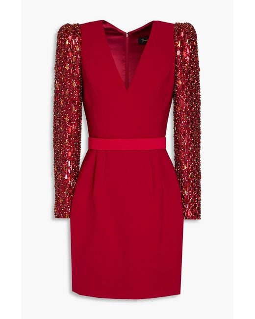 Jenny Packham Red Tabitha Belted Embellished Crepe Mini Dress