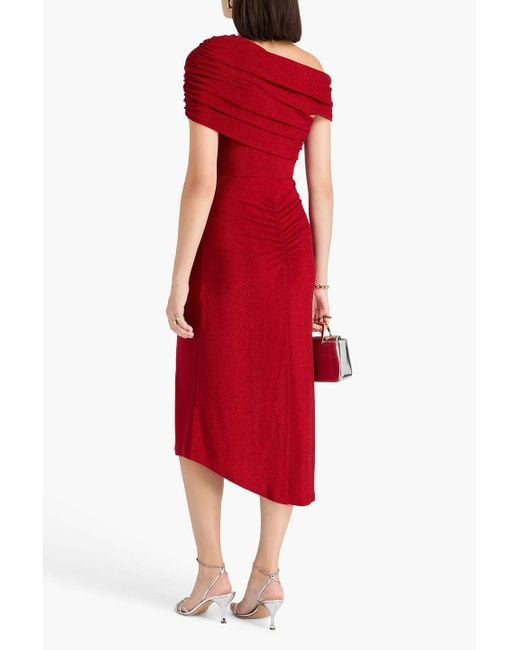 Diane von Furstenberg Red Agustin One-shoulder Ruched Metallic Jersey Midi Dress