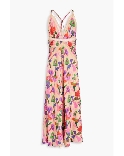 Farm Rio White Lace-trimmed Printed Satin Midi Dress