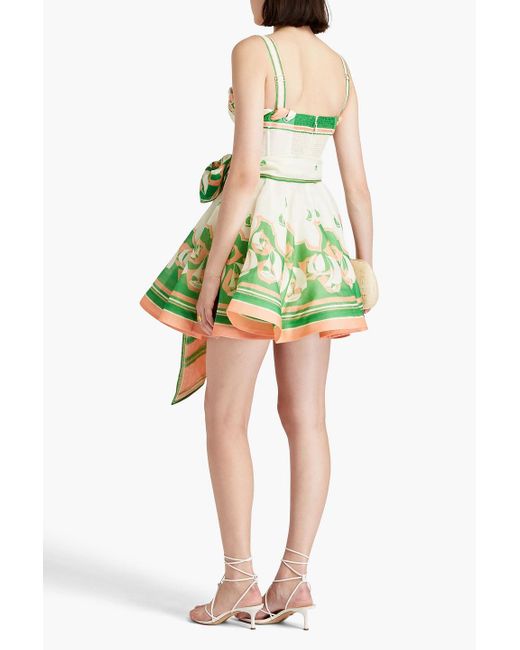 Zimmermann Green Belted Printed Linen And Silk-blend Mini Dress