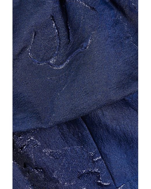 ML Monique Lhuillier Blue Off-the-shoulder Metallic Fil Coupé Cloqué Midi Dress