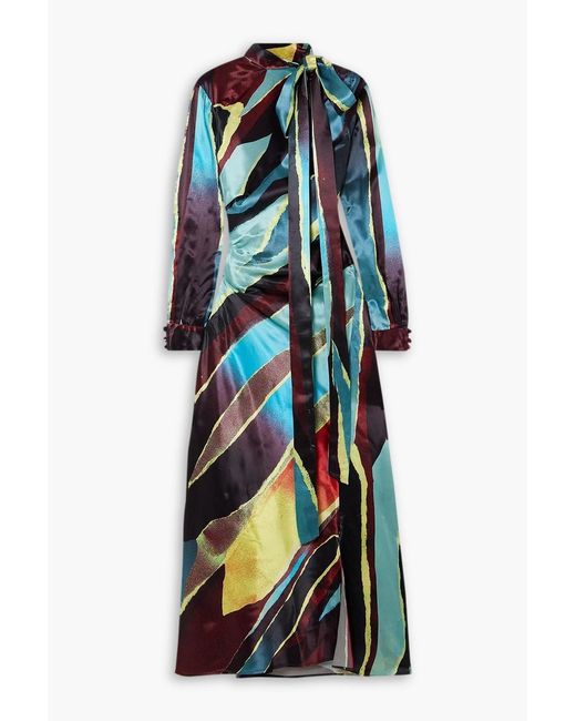 Christopher John Rogers Blue Pussy-bow Cutout Printed Satin Maxi Dress